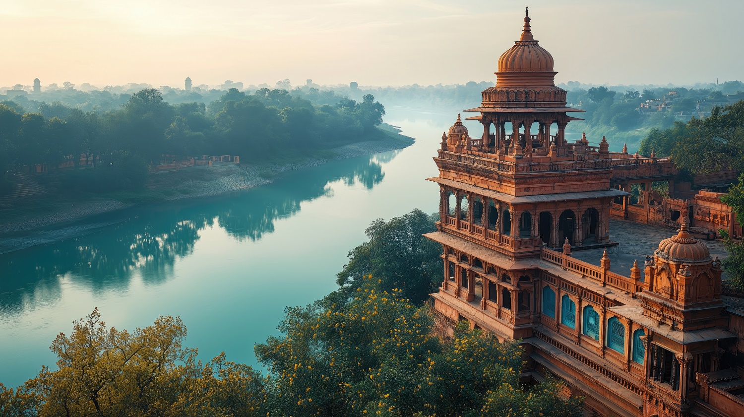 A photo of the tower building on top of the indian Temple, overlooking the river with a clear sky, tranquil garden landscapes, blue and amber, red sandstone architecture, in India. cinematic --ar 16:9 --stylize 250 --v 6.1 Job ID: f5cbf6bc-086c-4d31-a035-67c2af319459