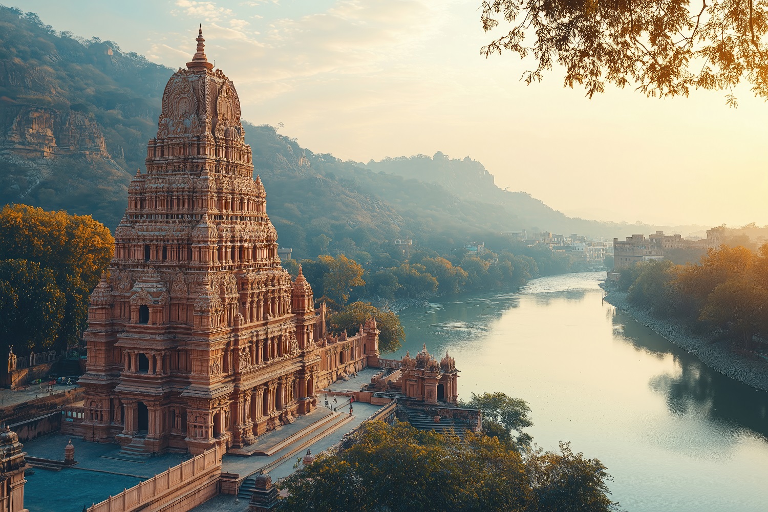 A photo of the tower building on top of the indian Temple, overlooking the river with a clear sky, muted color, tranquil garden landscapes, blue and amber, red sandstone architecture, in India. cinematic --ar 3:2 --style raw --stylize 250 --v 6.1 Job ID: fcb0dde9-4ed1-41bd-a64f-12ac325c2876